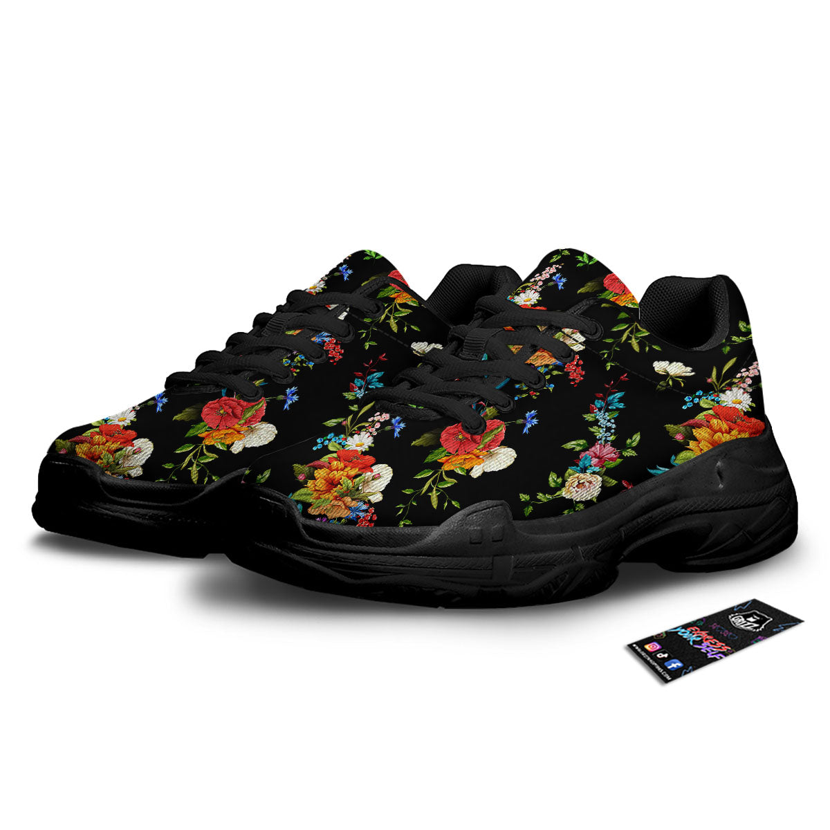 Chamomile And Poppy Print Pattern Black Chunky Shoes-grizzshop