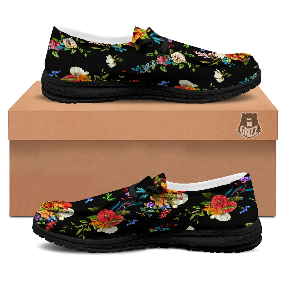 Chamomile And Poppy Print Pattern Black Loafers-grizzshop