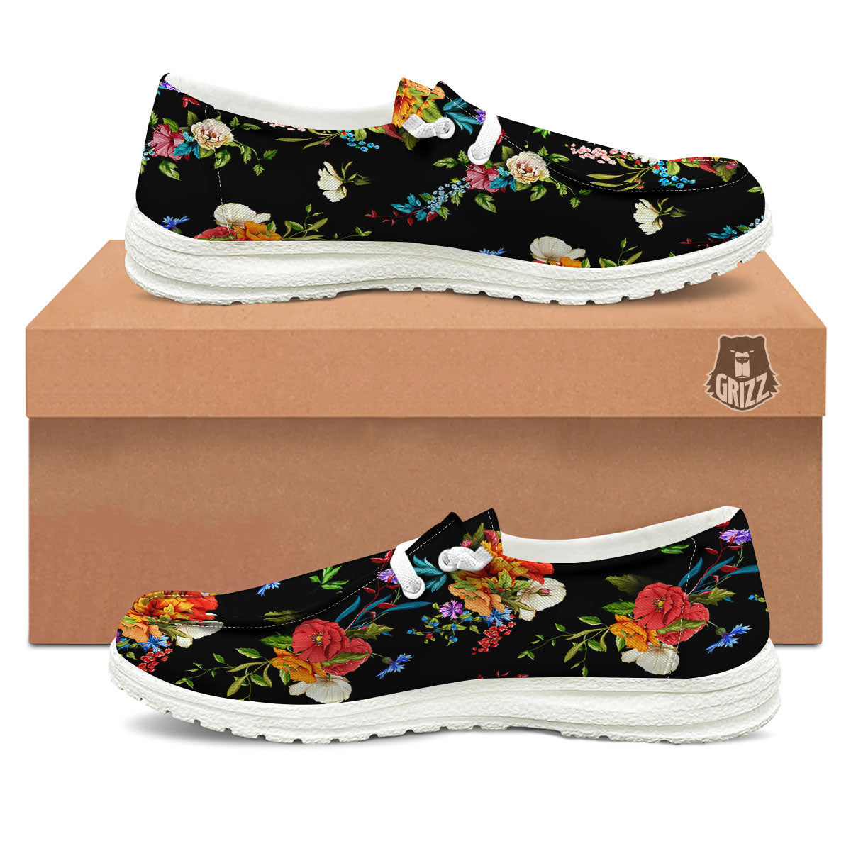 Chamomile And Poppy Print Pattern Black Loafers-grizzshop