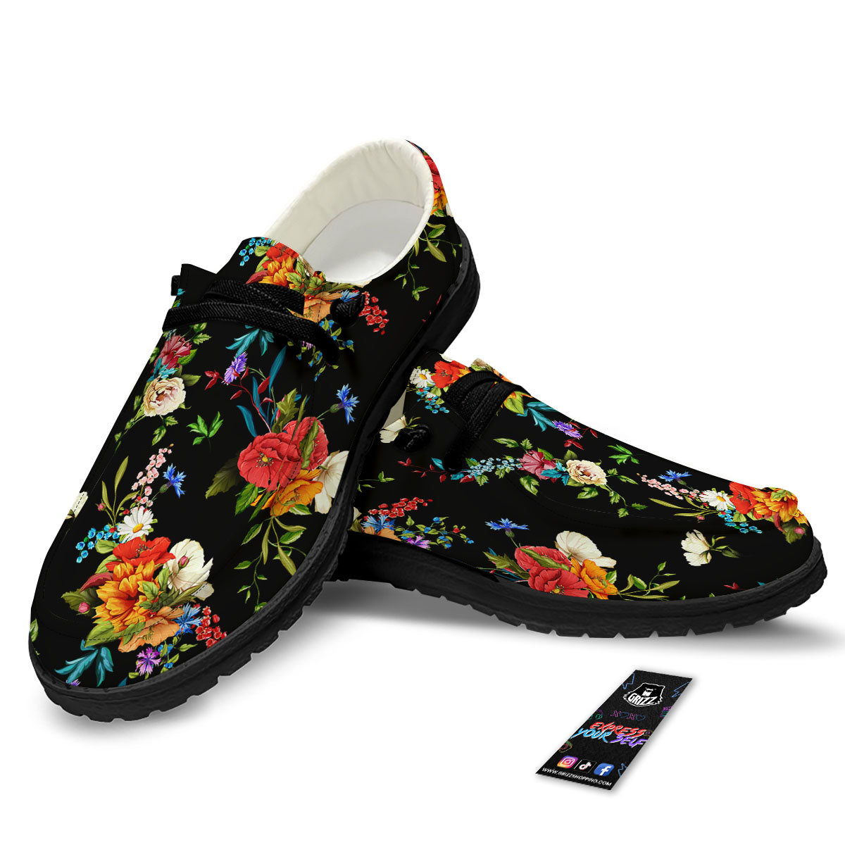 Chamomile And Poppy Print Pattern Black Loafers-grizzshop