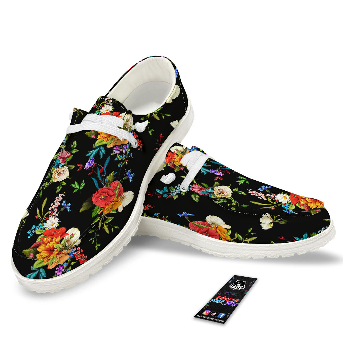 Chamomile And Poppy Print Pattern Black Loafers-grizzshop