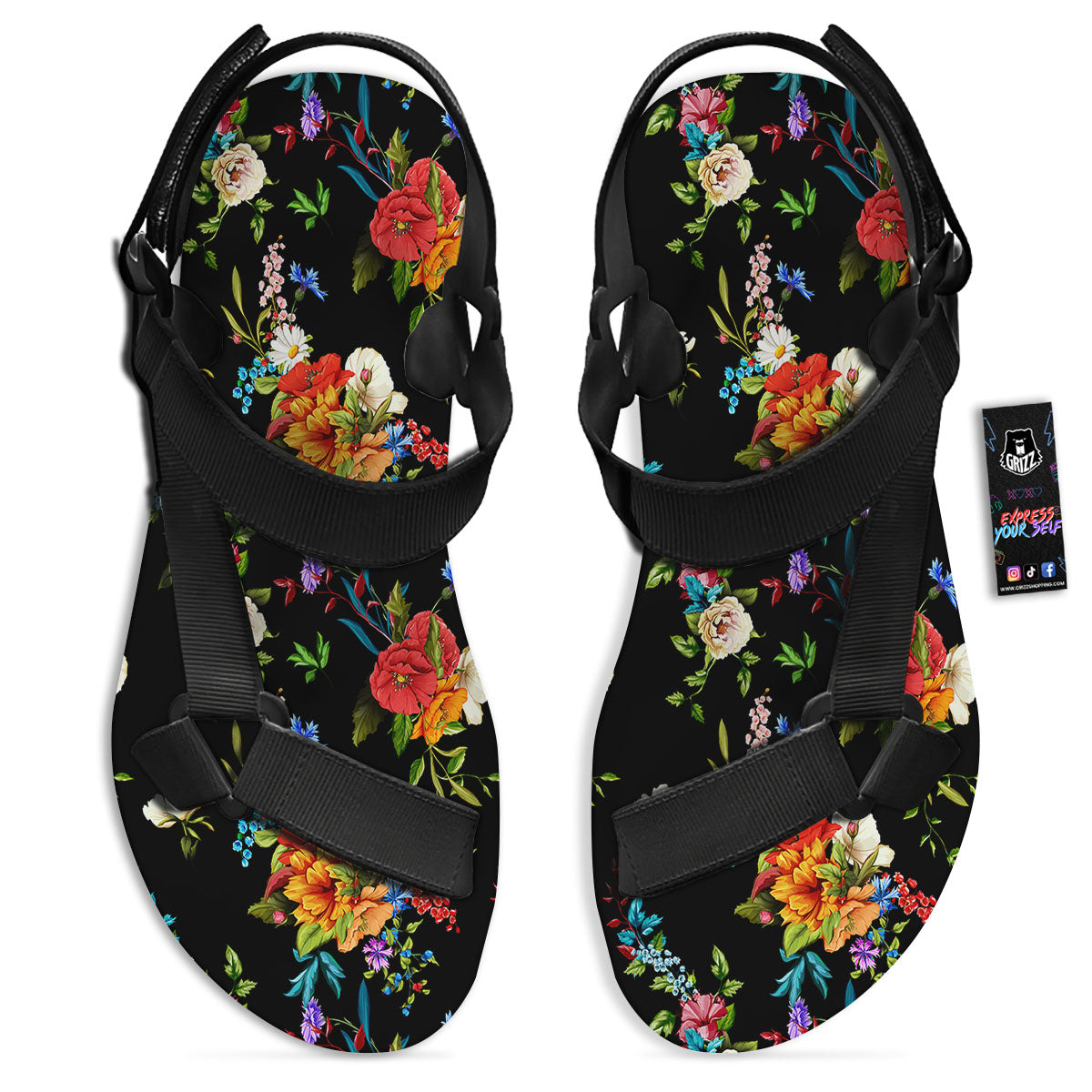 Chamomile And Poppy Print Pattern Black Open Toe Sandals-grizzshop