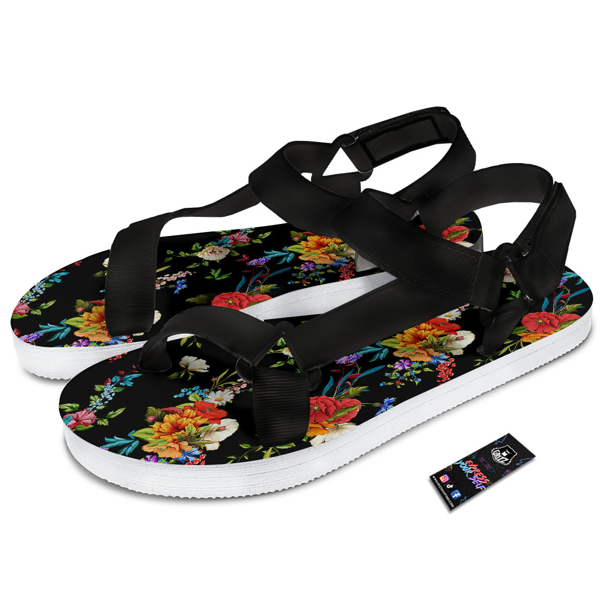 Chamomile And Poppy Print Pattern Black Open Toe Sandals-grizzshop
