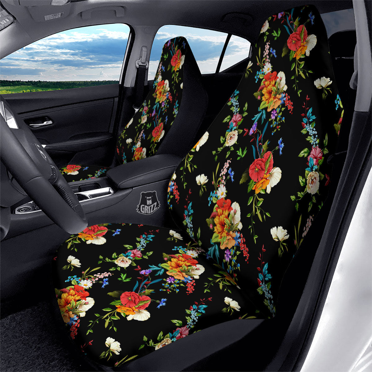 Chamomile And Poppy Print Pattern Car Seat Covers-grizzshop