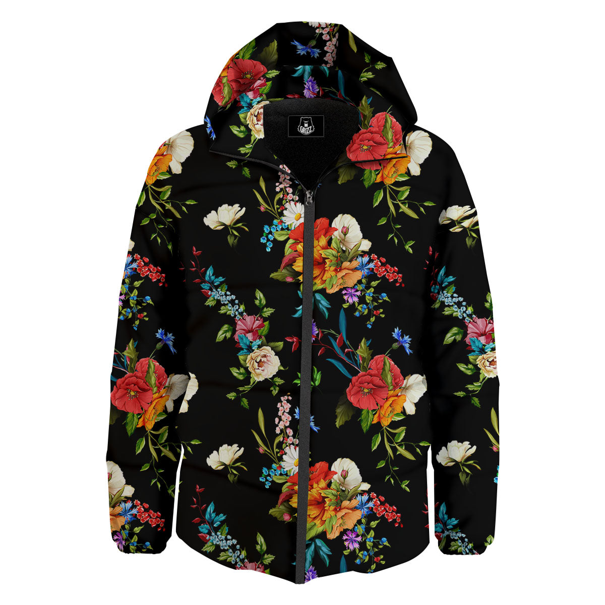 Chamomile And Poppy Print Pattern Down Jacket-grizzshop