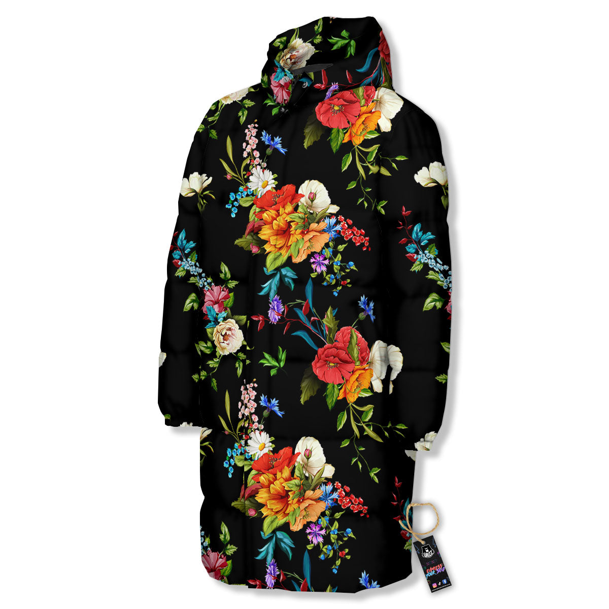 Chamomile And Poppy Print Pattern Long Down Jacket-grizzshop