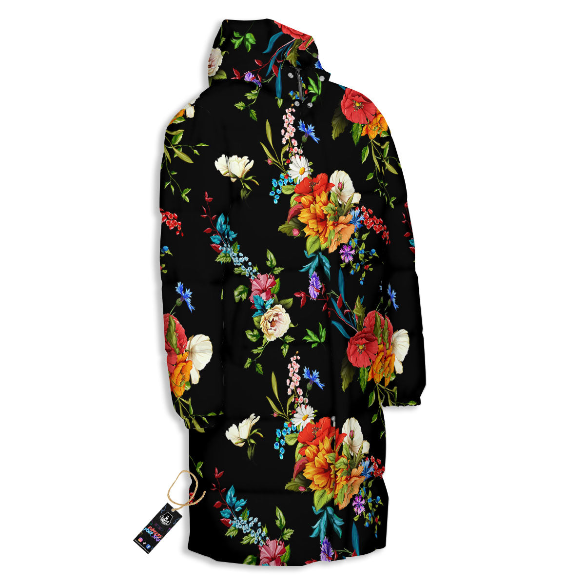 Chamomile And Poppy Print Pattern Long Down Jacket-grizzshop