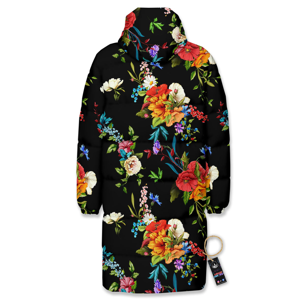 Chamomile And Poppy Print Pattern Long Down Jacket-grizzshop