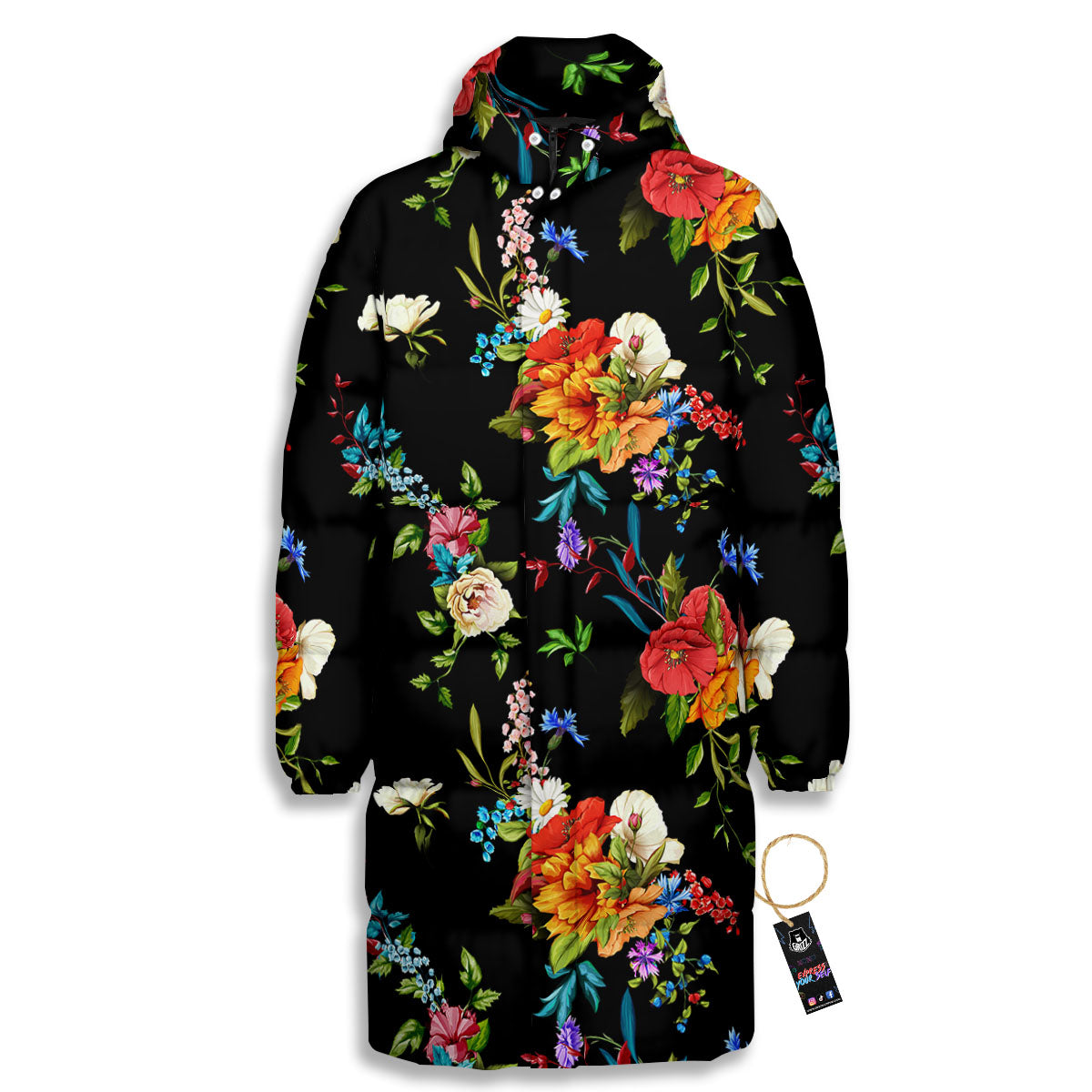 Chamomile And Poppy Print Pattern Long Down Jacket-grizzshop