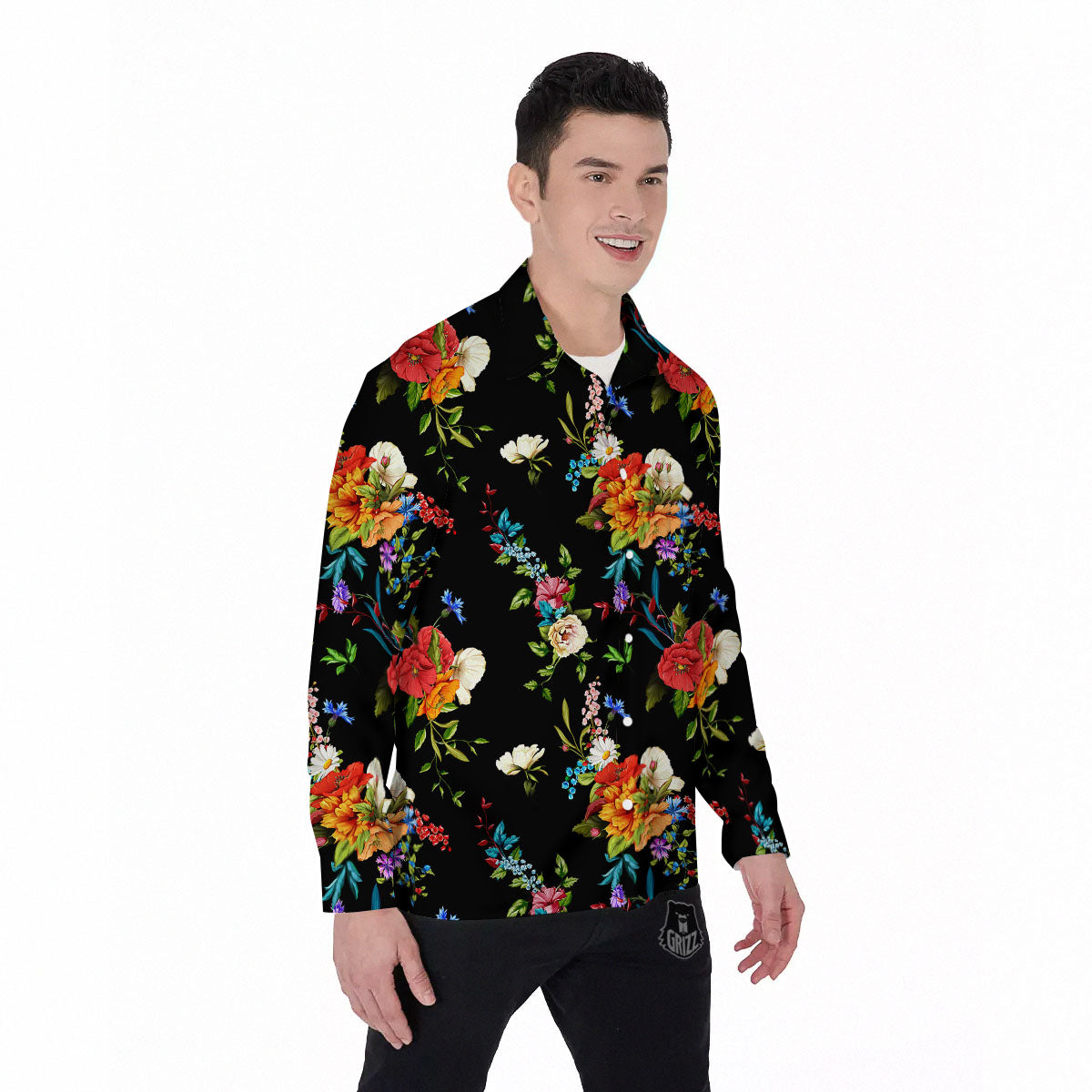 Chamomile And Poppy Print Pattern Men's Long Sleeve Shirts-grizzshop