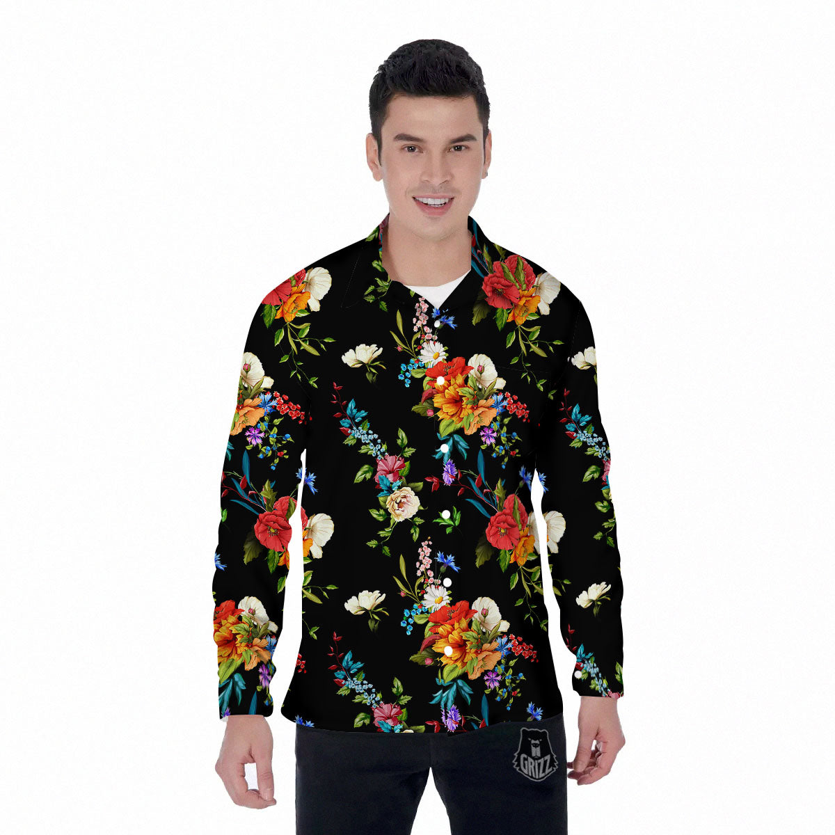 Chamomile And Poppy Print Pattern Men's Long Sleeve Shirts-grizzshop