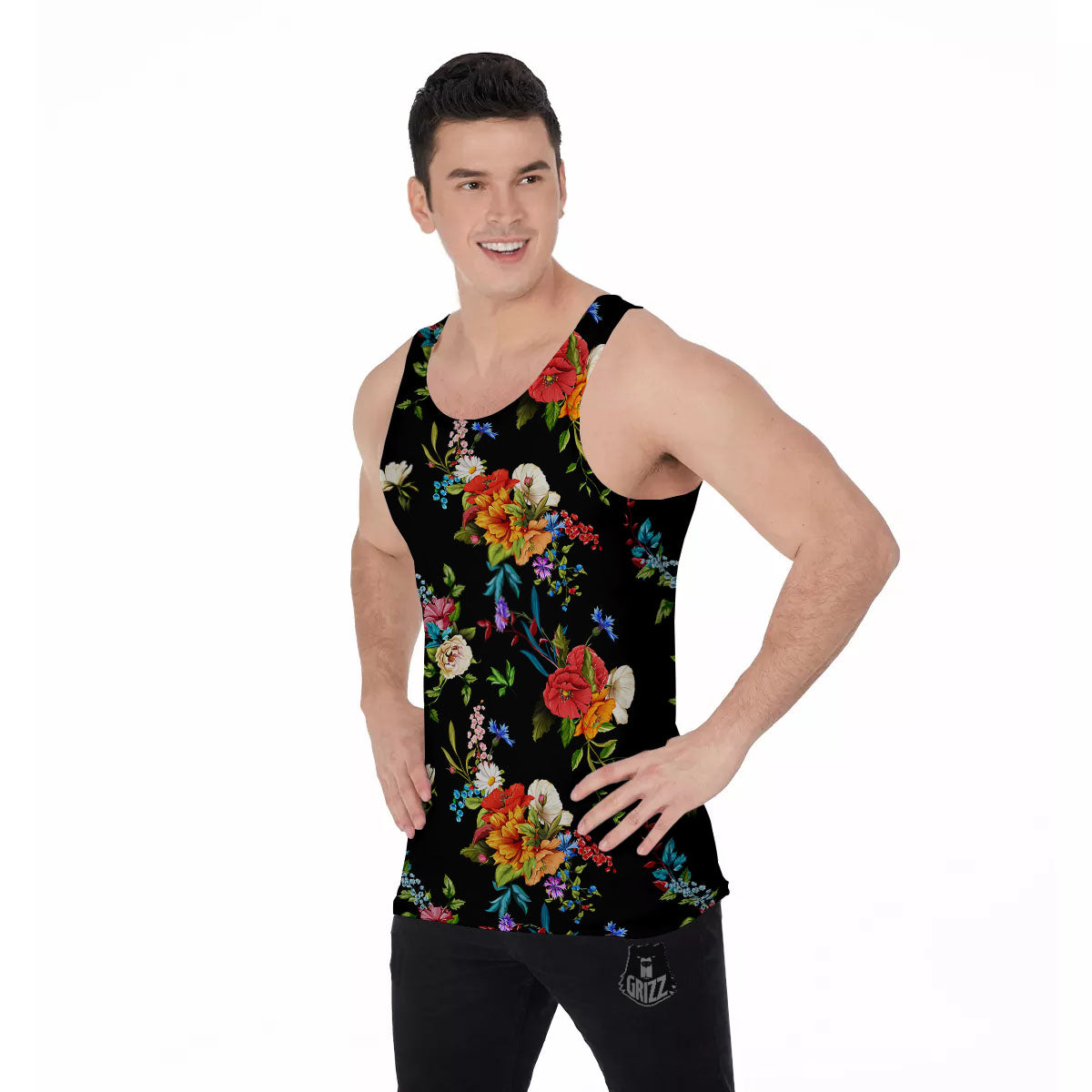 Chamomile And Poppy Print Pattern Men's Tank Top-grizzshop