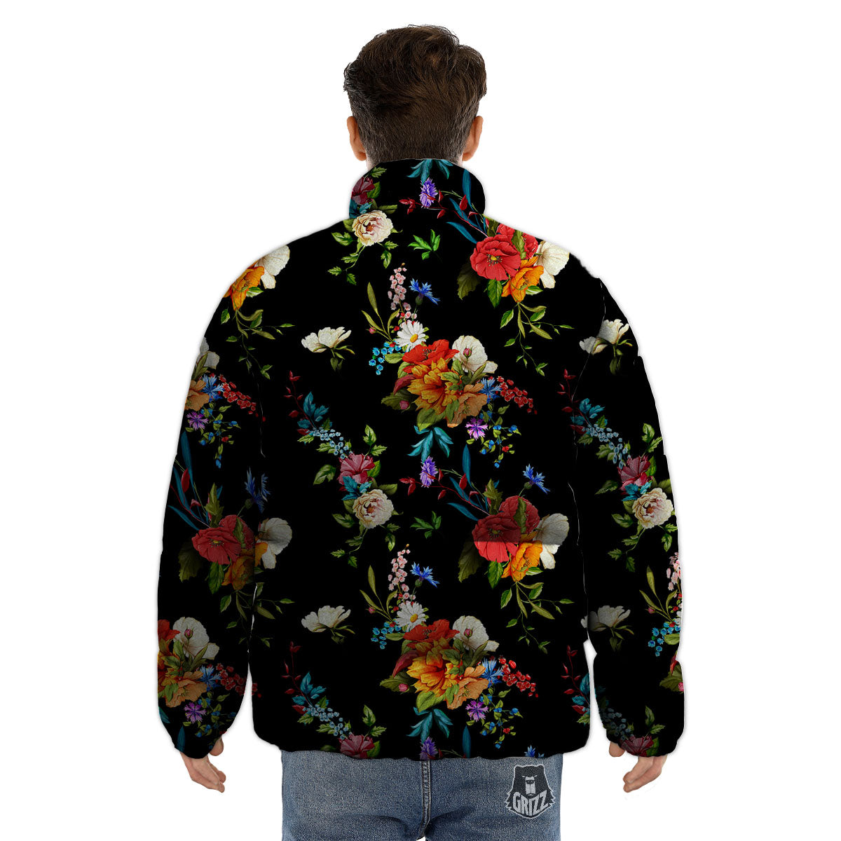 Chamomile And Poppy Print Pattern Puffer Jacket-grizzshop