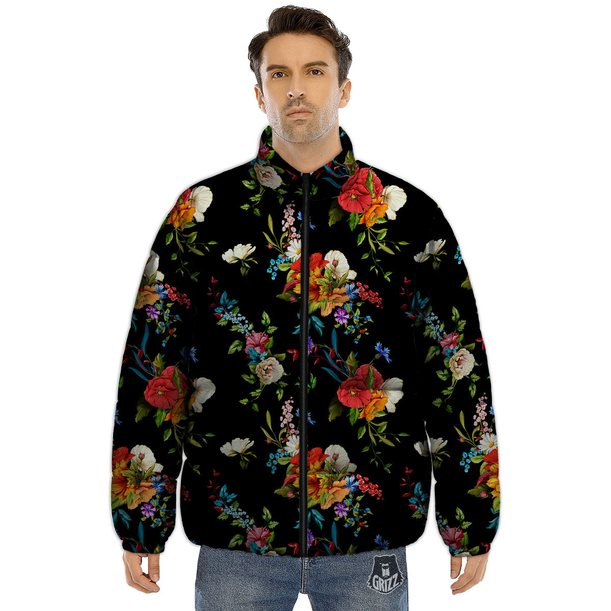 Chamomile And Poppy Print Pattern Puffer Jacket-grizzshop