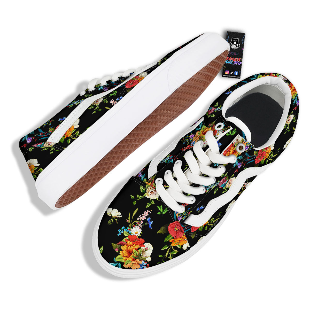 Chamomile And Poppy Print Pattern Skate Shoes-grizzshop