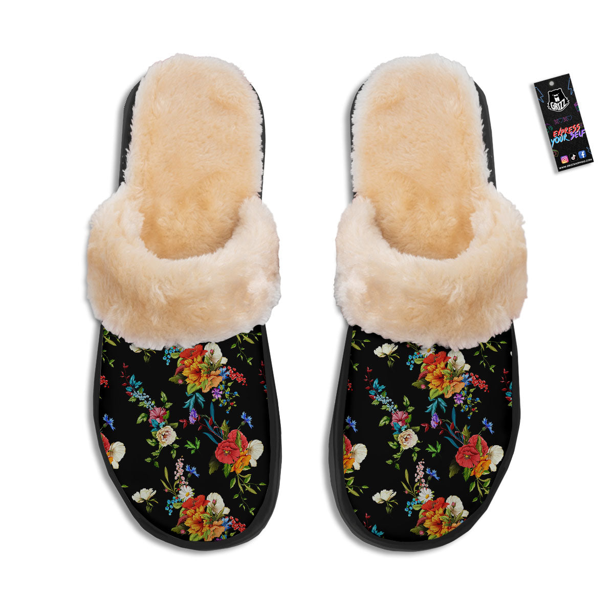 Chamomile And Poppy Print Pattern Slippers-grizzshop