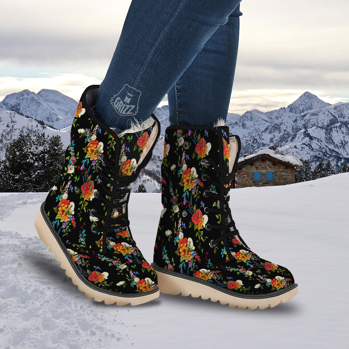 Chamomile And Poppy Print Pattern Snow Boots-grizzshop