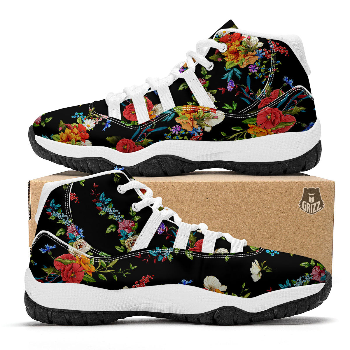 Chamomile And Poppy Print Pattern White Bball Shoes-grizzshop