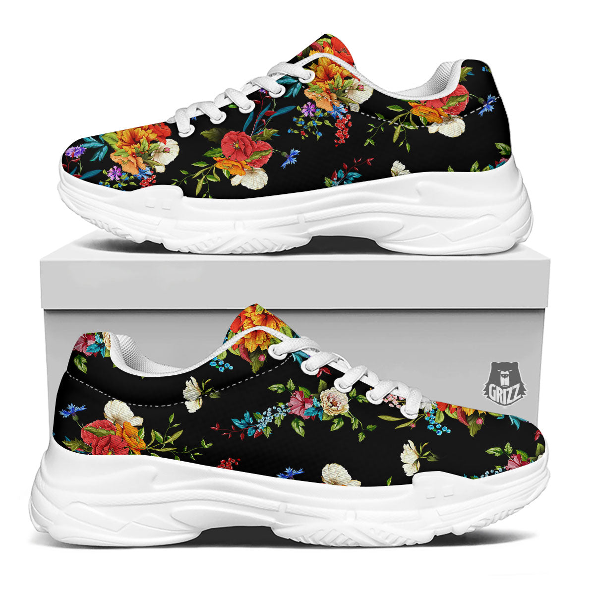 Chamomile And Poppy Print Pattern White Chunky Shoes-grizzshop