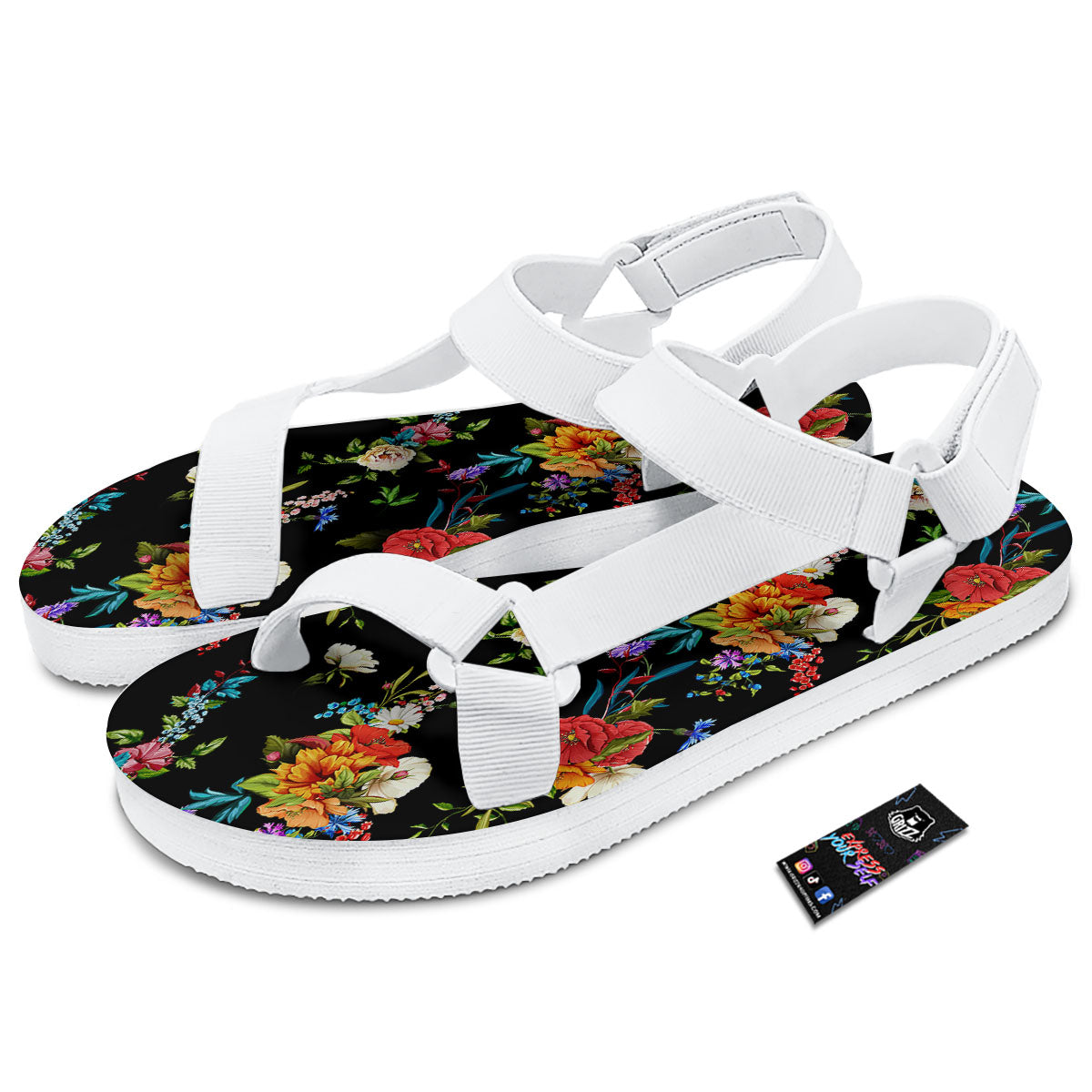 Chamomile And Poppy Print Pattern White Open Toe Sandals-grizzshop