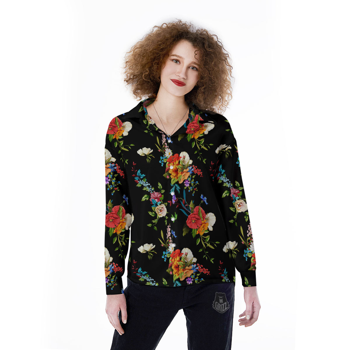 Chamomile And Poppy Print Pattern Women's Long Sleeve Shirts-grizzshop