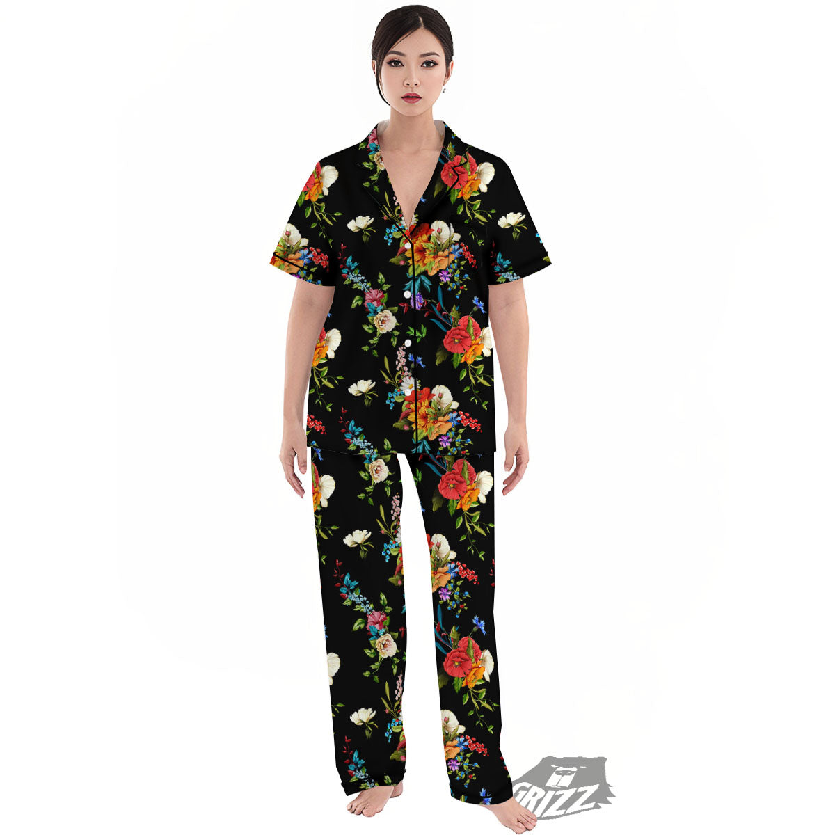 Chamomile And Poppy Print Pattern Women's Pajamas Set-grizzshop
