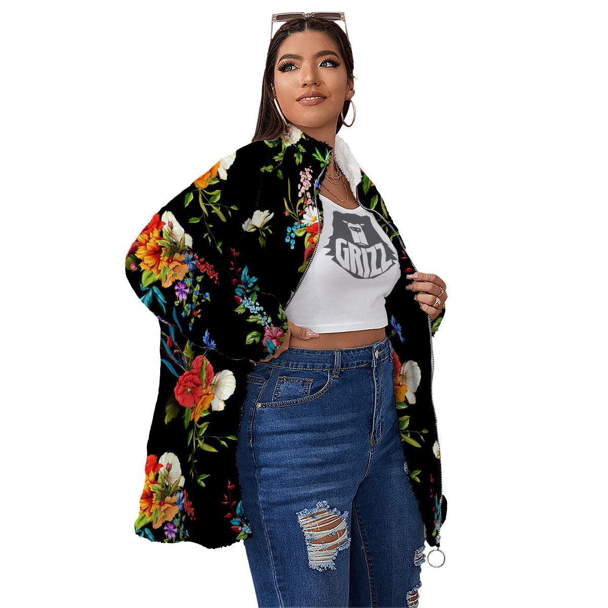 Chamomile And Poppy Print Pattern Women's Sherpa Jacket-grizzshop