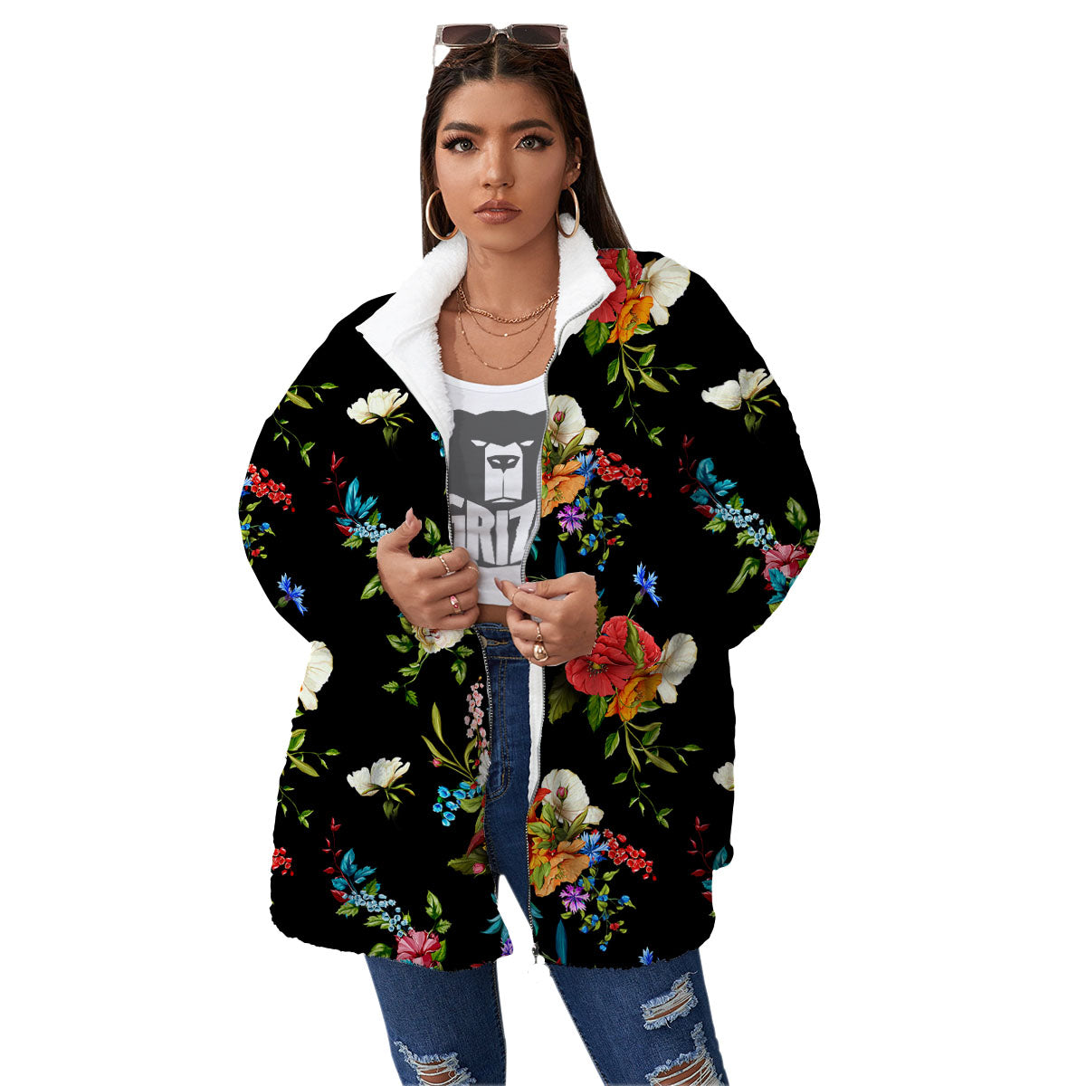Chamomile And Poppy Print Pattern Women's Sherpa Jacket-grizzshop
