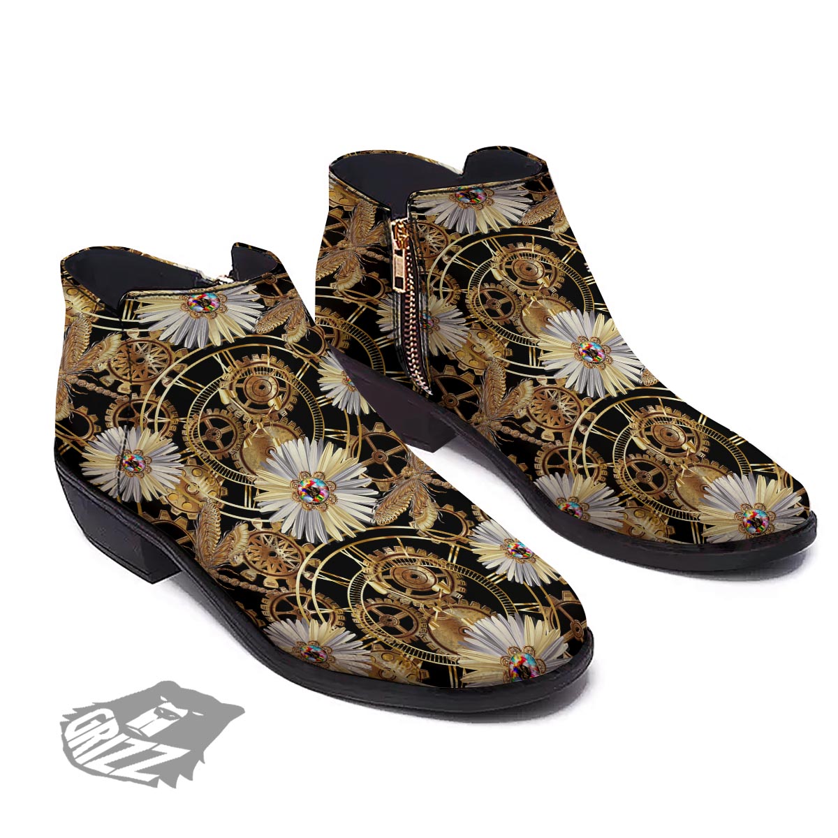 Chamomile Steampunk Print Pattern Ankle Boots-grizzshop