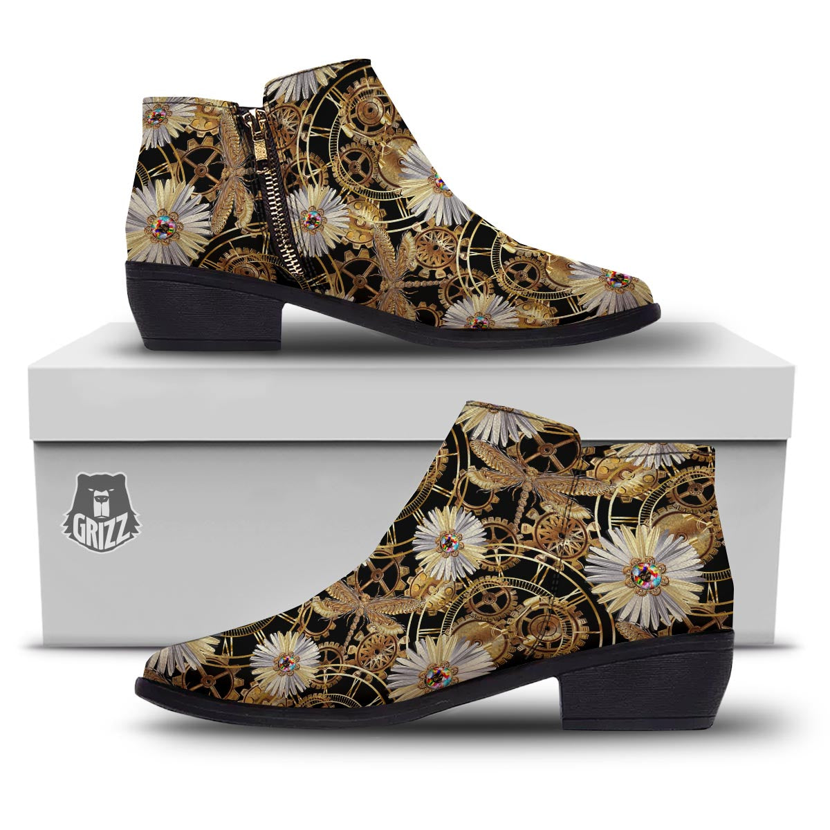 Chamomile Steampunk Print Pattern Ankle Boots-grizzshop