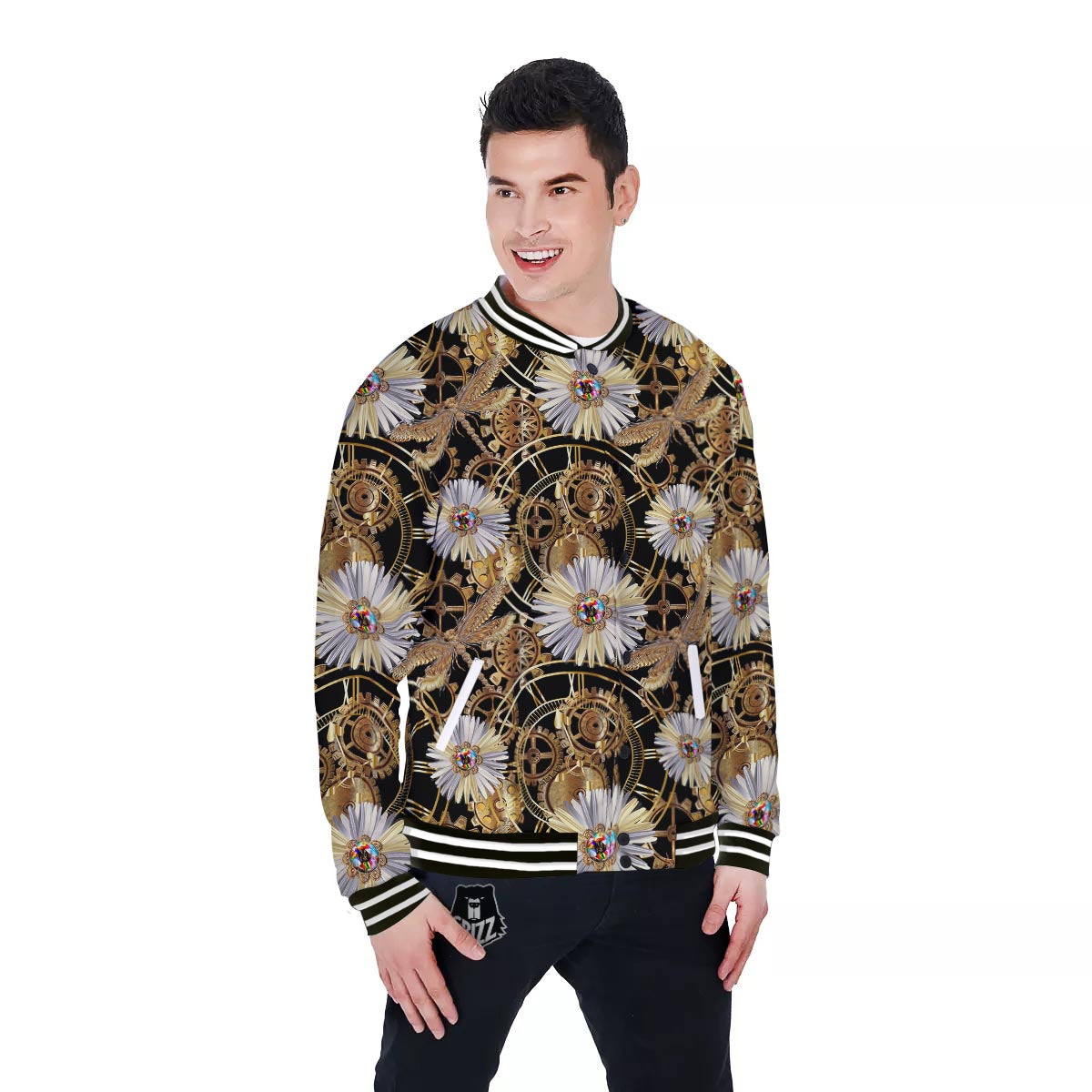 Chamomile Steampunk Print Pattern Baseball Jacket-grizzshop