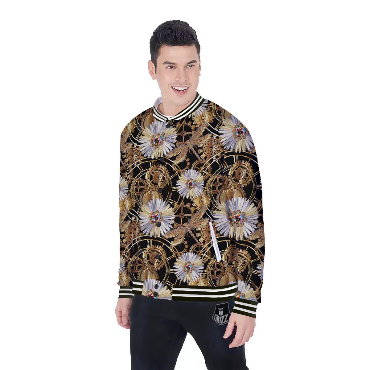 Chamomile Steampunk Print Pattern Baseball Jacket-grizzshop