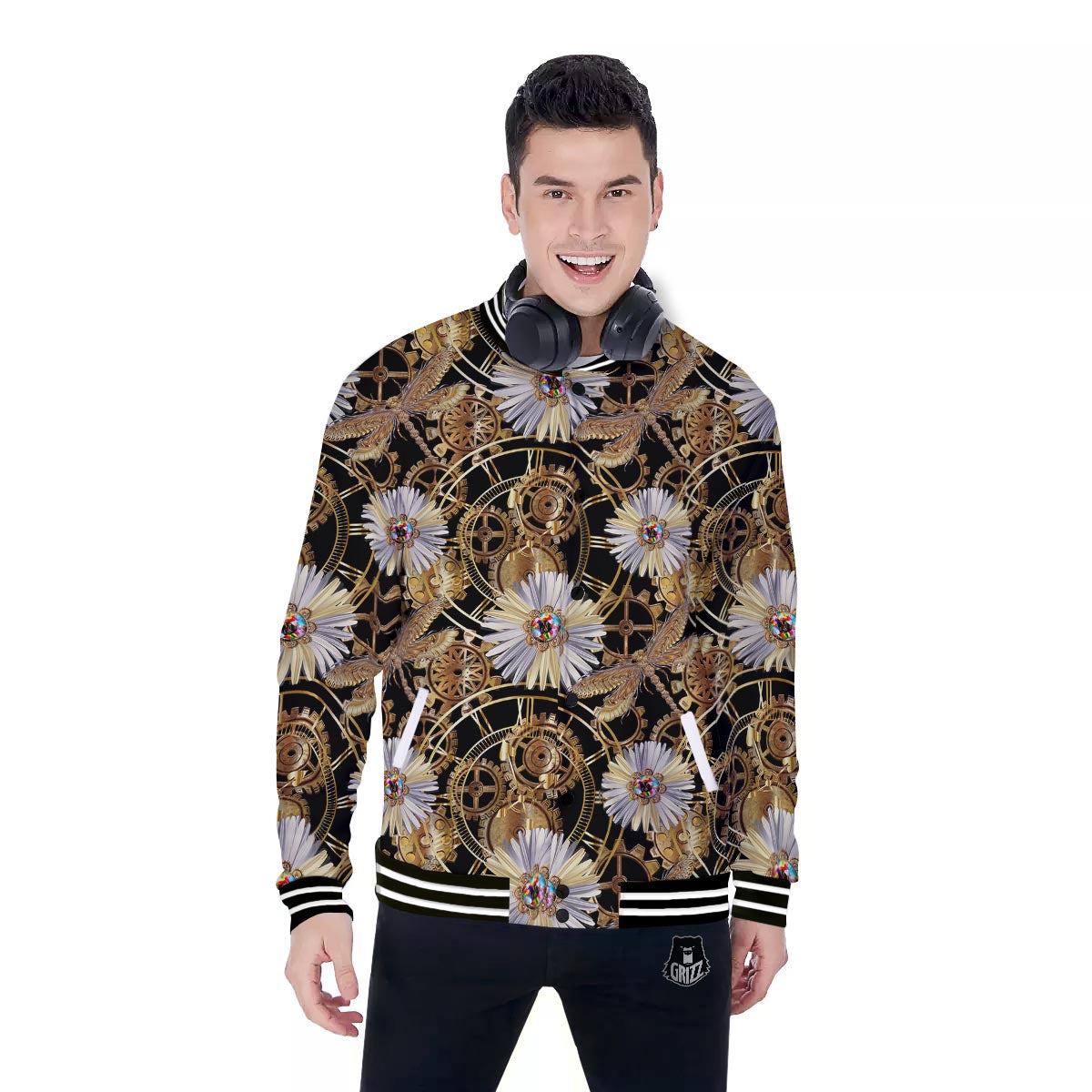 Chamomile Steampunk Print Pattern Baseball Jacket-grizzshop