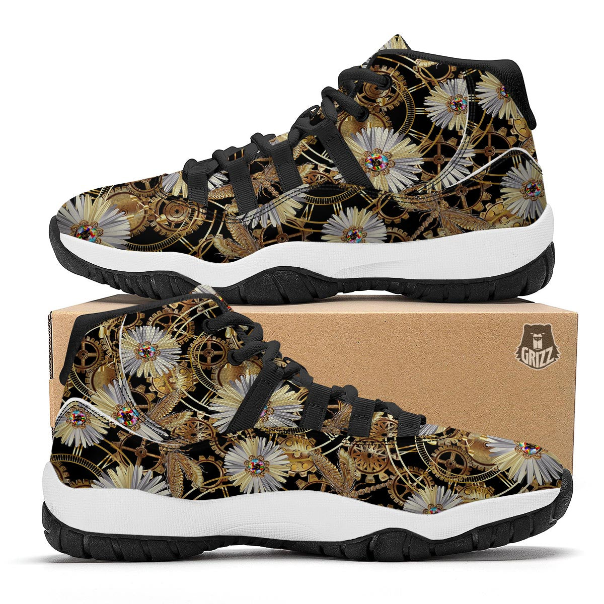 Chamomile Steampunk Print Pattern Black Bball Shoes-grizzshop
