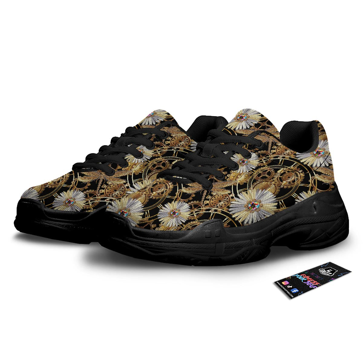 Chamomile Steampunk Print Pattern Black Chunky Shoes-grizzshop