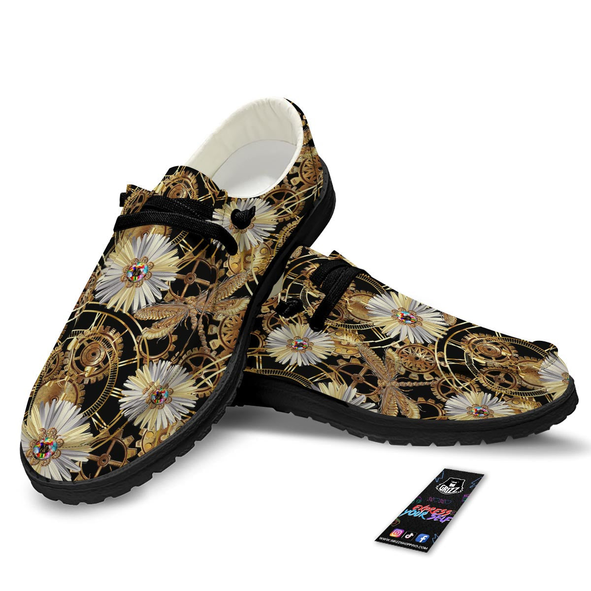 Chamomile Steampunk Print Pattern Black Loafers-grizzshop