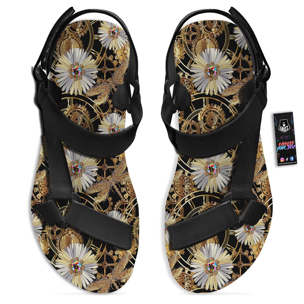 Chamomile Steampunk Print Pattern Black Open Toe Sandals-grizzshop