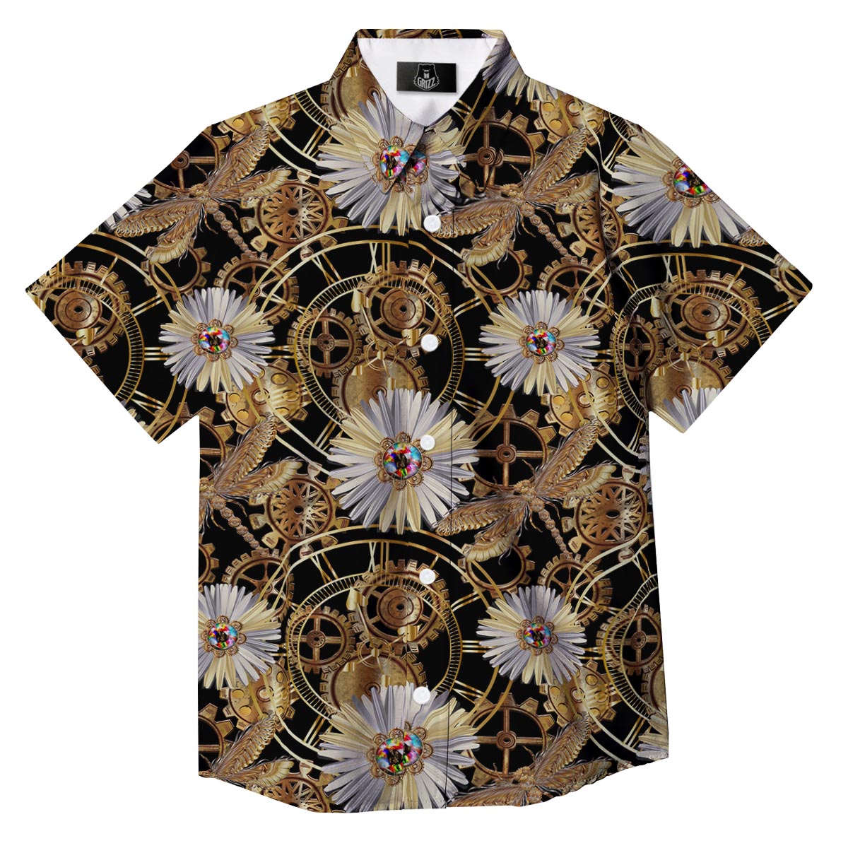 Chamomile Steampunk Print Pattern Button Up Shirt-grizzshop