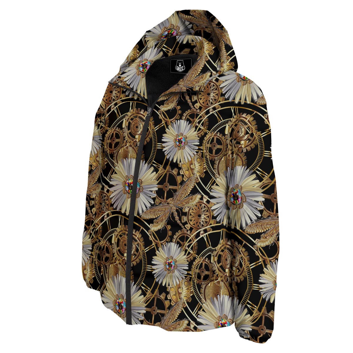 Chamomile Steampunk Print Pattern Down Jacket-grizzshop