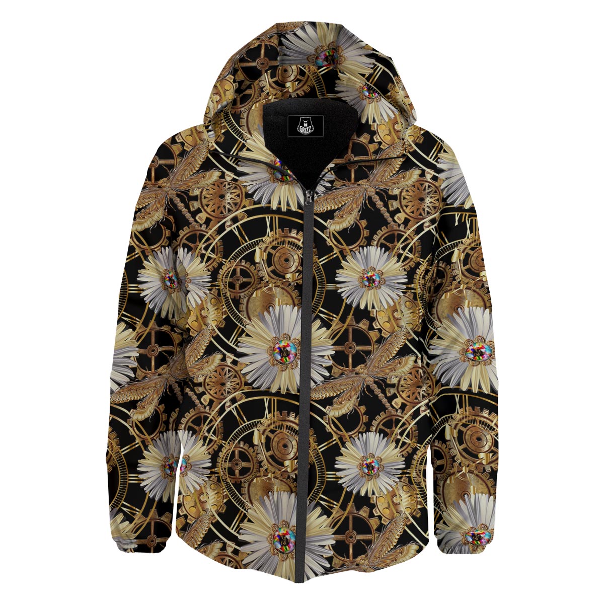 Chamomile Steampunk Print Pattern Down Jacket-grizzshop