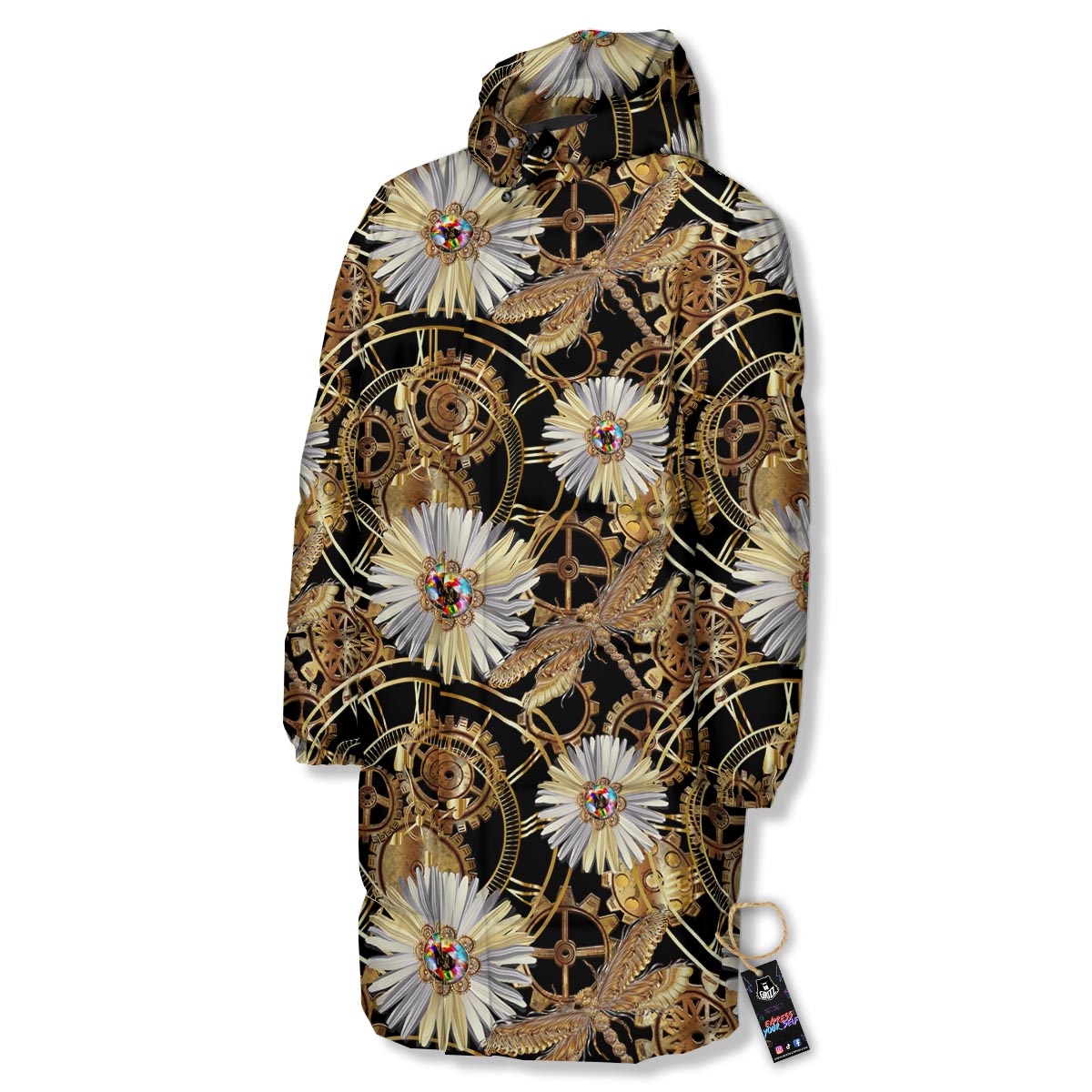 Chamomile Steampunk Print Pattern Long Down Jacket-grizzshop