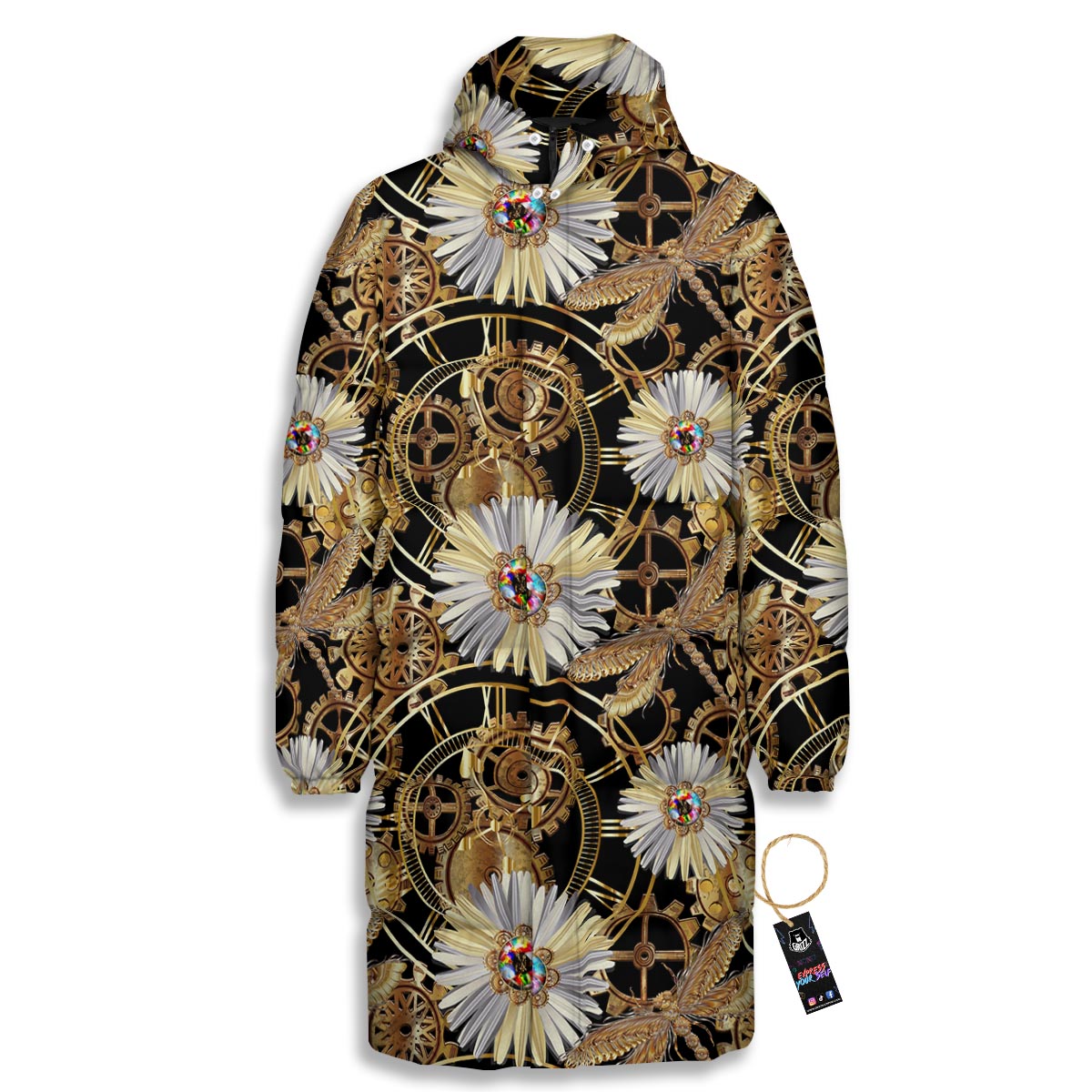 Chamomile Steampunk Print Pattern Long Down Jacket-grizzshop