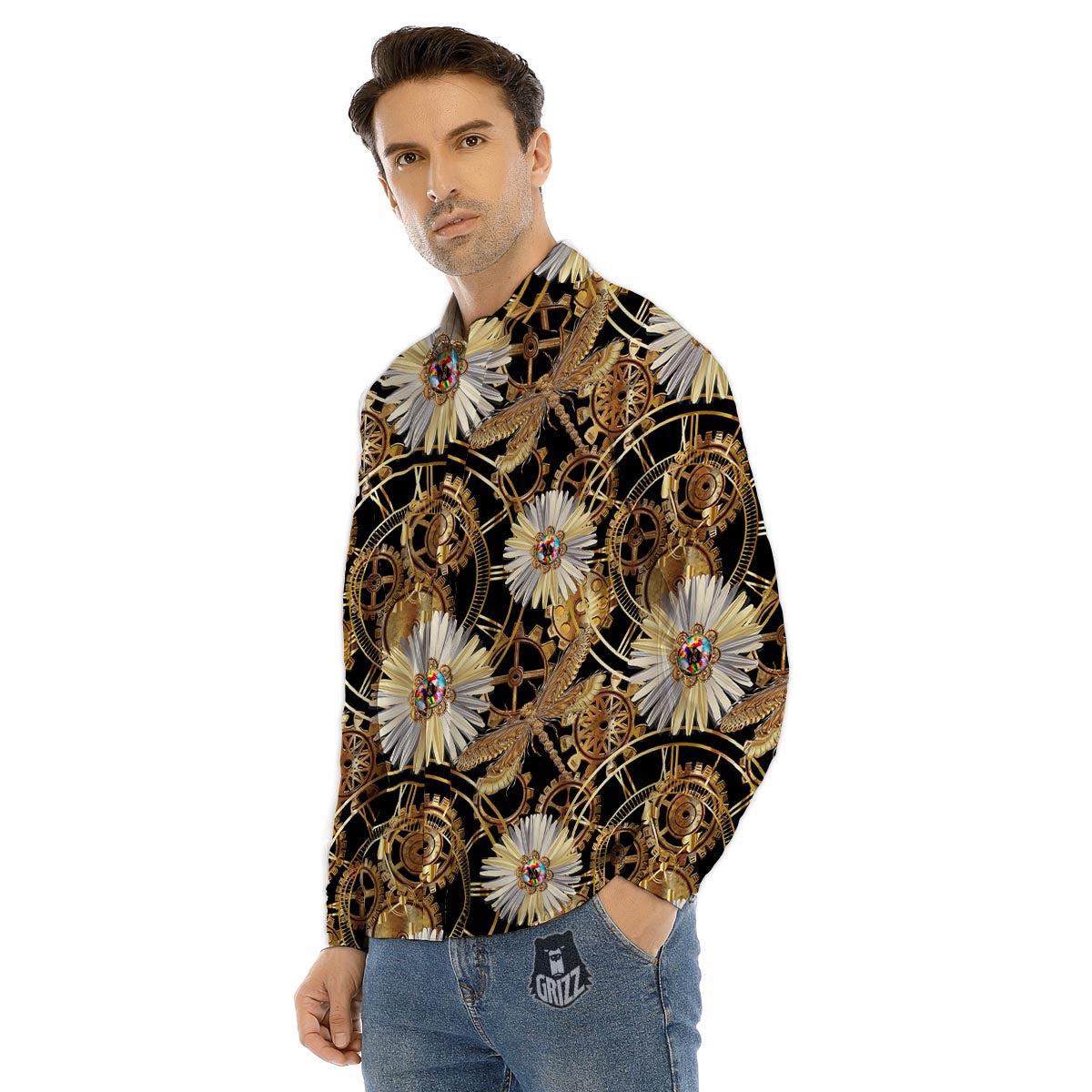 Chamomile Steampunk Print Pattern Men's Dress Shirts-grizzshop