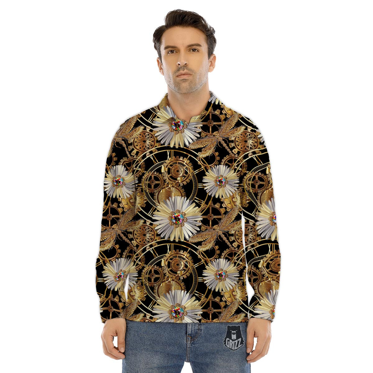 Chamomile Steampunk Print Pattern Men's Dress Shirts-grizzshop
