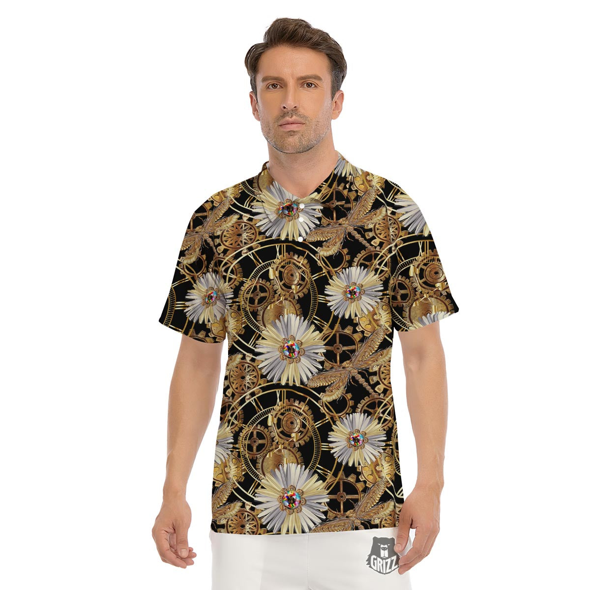 Chamomile Steampunk Print Pattern Men's Golf Shirts-grizzshop