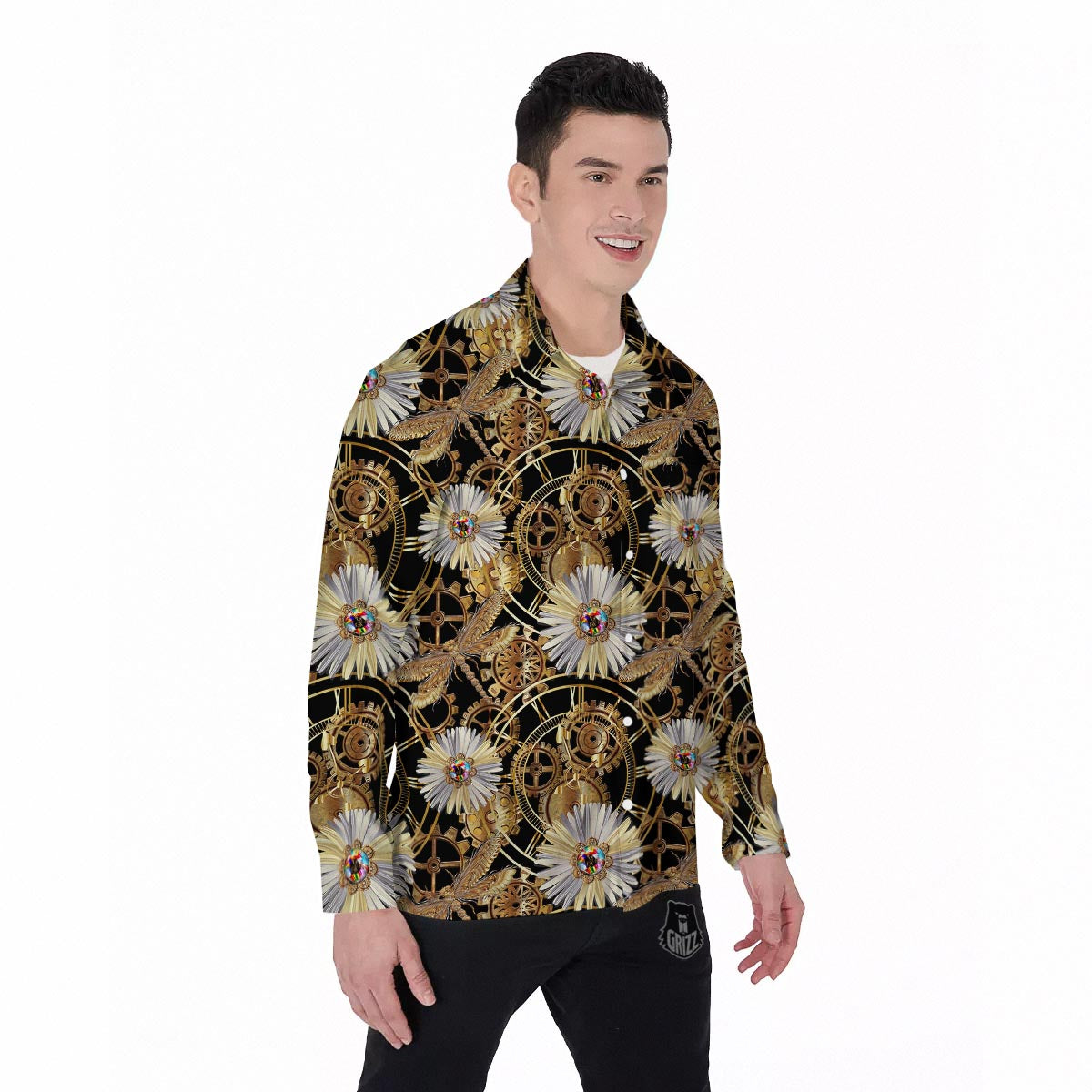 Chamomile Steampunk Print Pattern Men's Long Sleeve Shirts-grizzshop