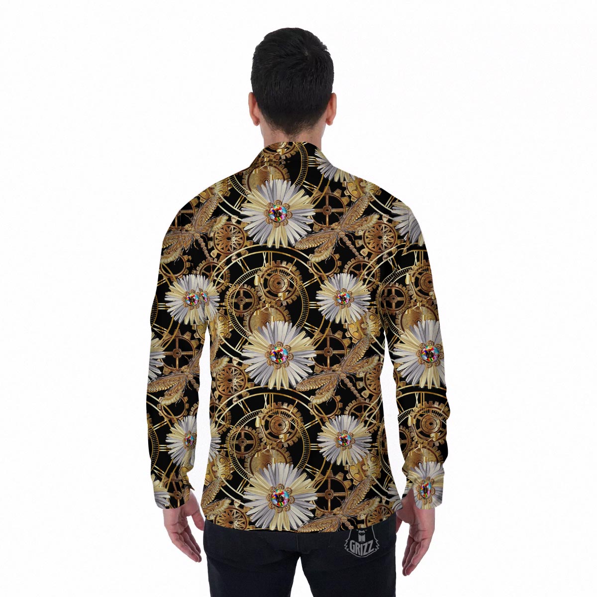 Chamomile Steampunk Print Pattern Men's Long Sleeve Shirts-grizzshop