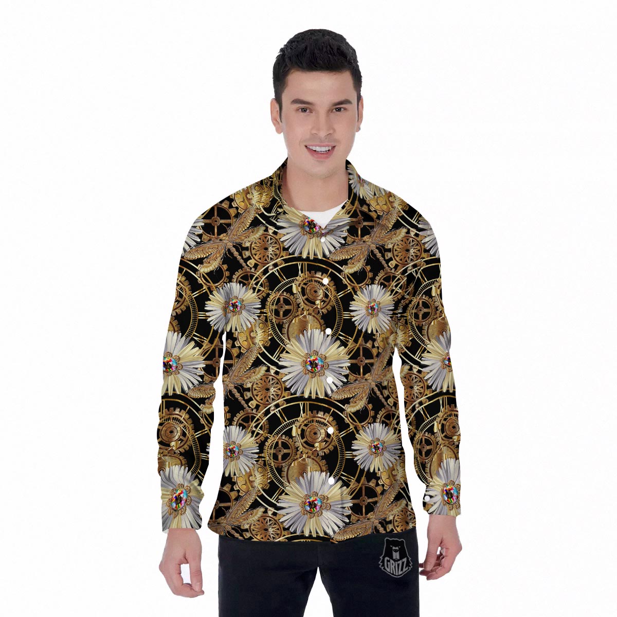 Chamomile Steampunk Print Pattern Men's Long Sleeve Shirts-grizzshop