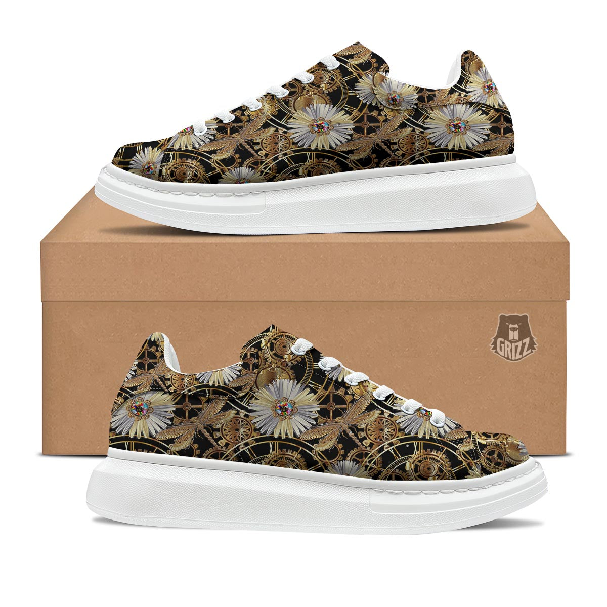 Chamomile Steampunk Print Pattern Platform Shoes-grizzshop