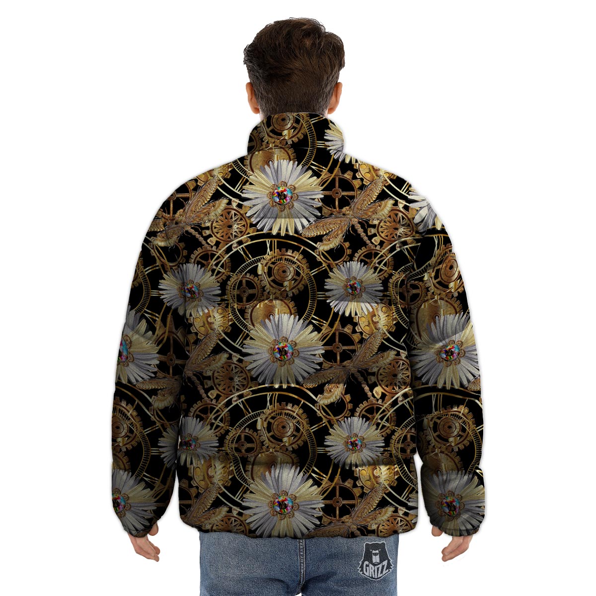 Chamomile Steampunk Print Pattern Puffer Jacket-grizzshop